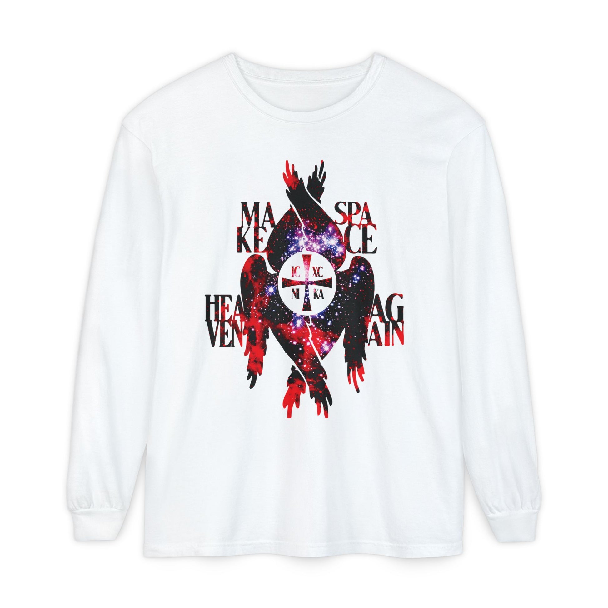 White Make Space Heaven Again long sleeve shirt featuring cosmic ICXC NIKA cross, Seraphim wings, and red text—Orthodox Christian design inspired by angels of the seven heavens.