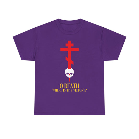 O Death Where is Thy Victory? (1 Corinthians 15:55) | Cross Stabbing Skull | Jesus Christ is King | Orthodox Christian Heavy Cotton T-Shirt