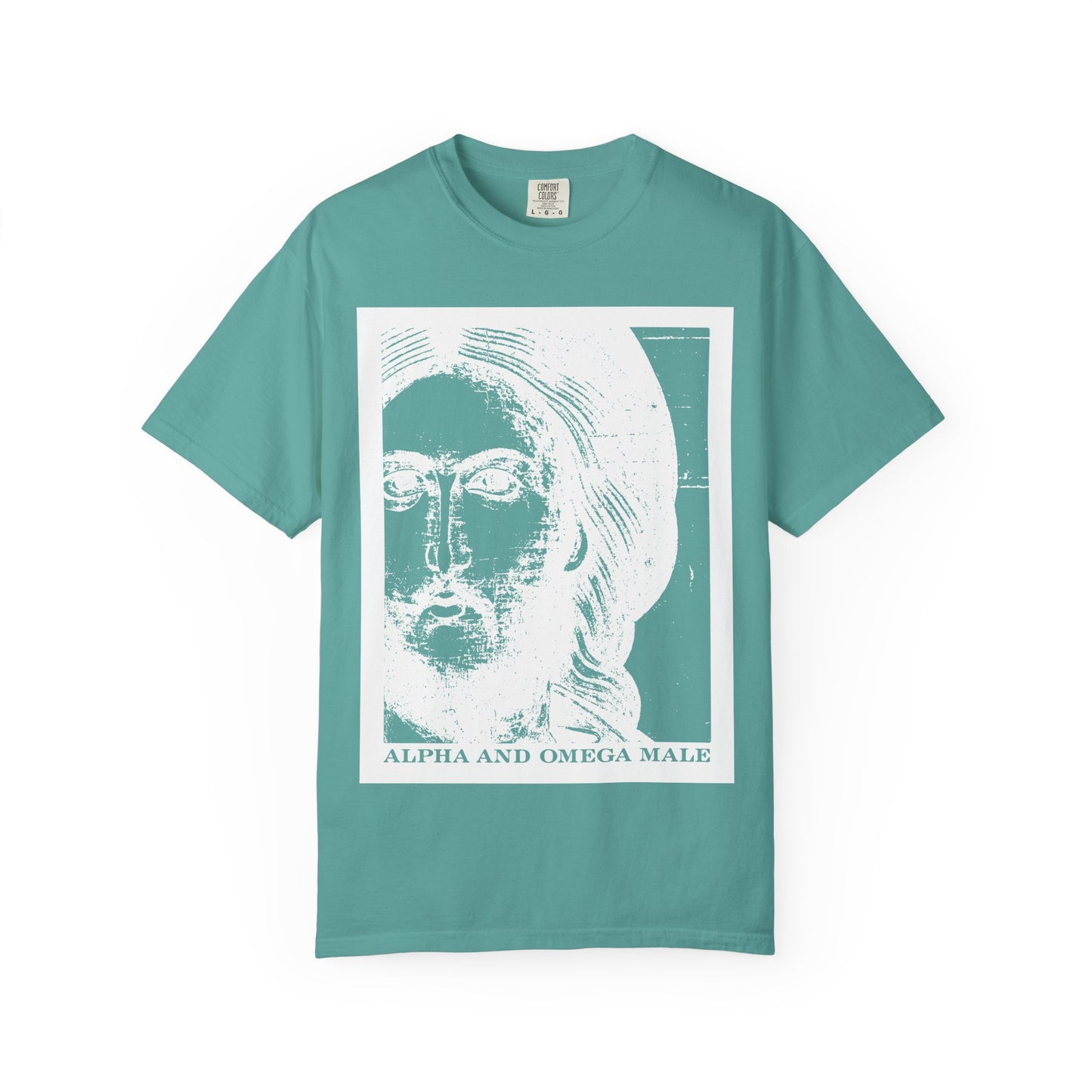 Alpha & Omega Male | Jesus Christ Icono-Graphic Photonegative | I am the Beginning & the End (Rev 22) | Heavyweight Cotton Unisex T-Shirt
