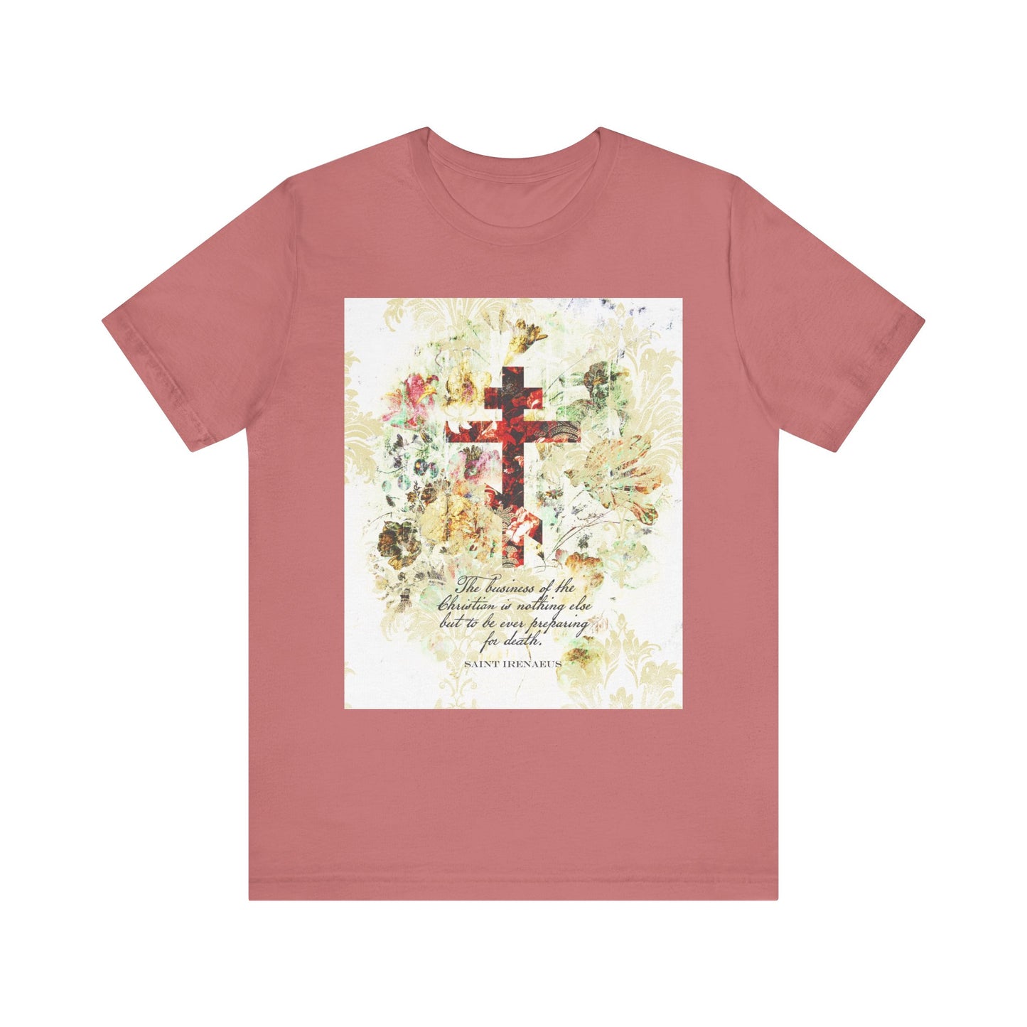 Mauve t-shirt featuring a white and beige floral scrapbook-style cross design with an inspirational quote from St. Irenaeus, highlighting the importance of preparing for Christian death, in a lightweight cotton unisex fit.