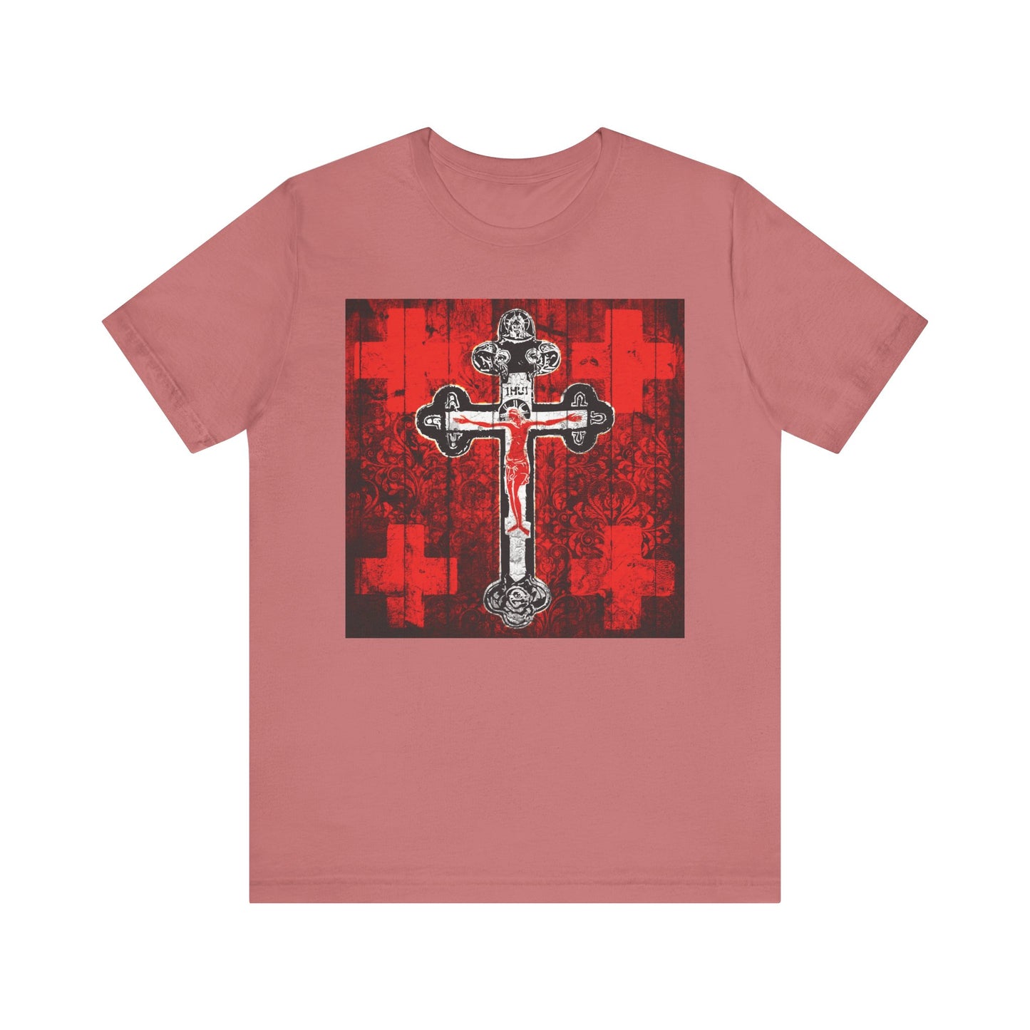 Mauve Alpha & Omega Art Cross unisex tee features a red, white, and black Jesus Christ Crucifix Orthodox iconographic design; a lightweight cotton shirt perfect for Great Lent.