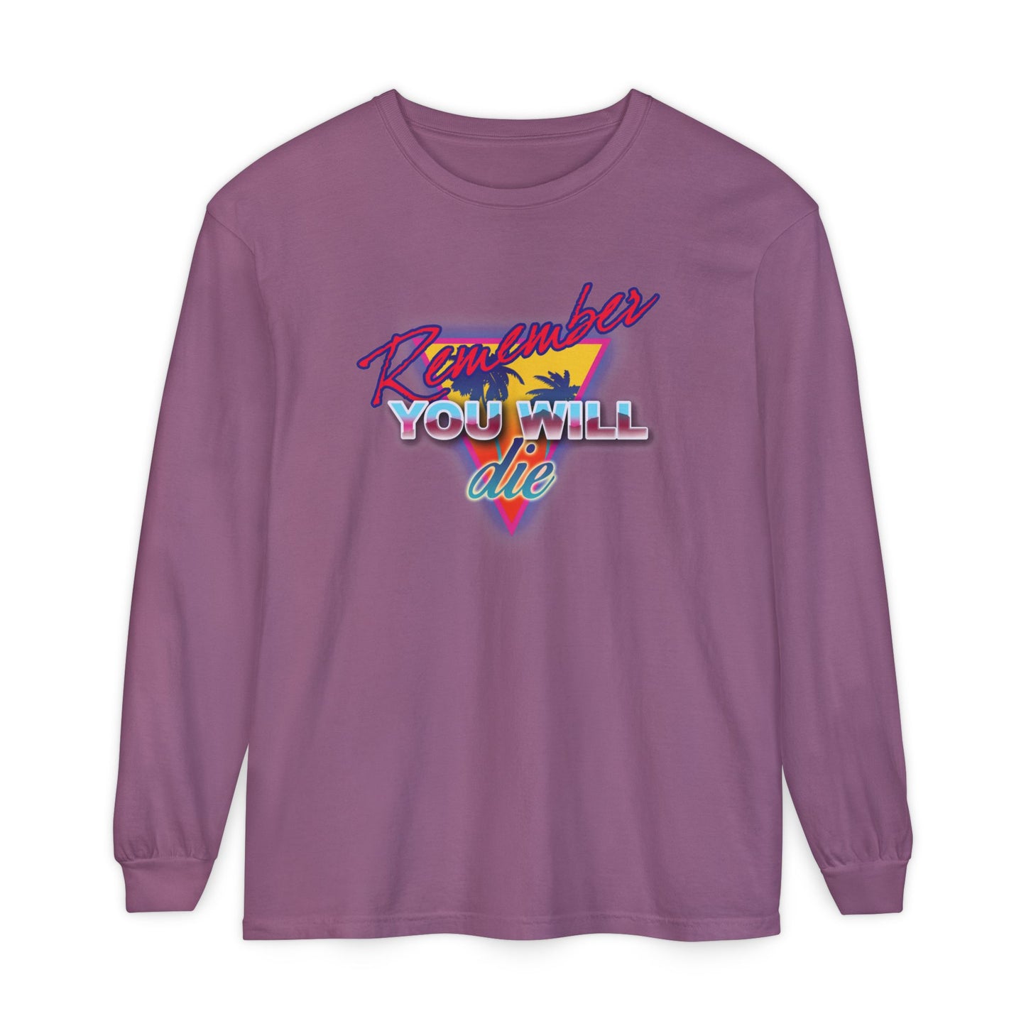 Berry long-sleeve cotton shirt featuring "Remember You Will Die" with a palm tree in bold 80s retro synthwave style—a nostalgic Orthodox memento mori inspired by St. John Climacus' Ladder of Divine Ascent.