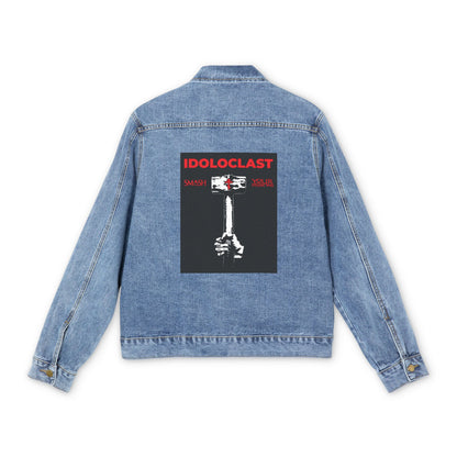 The Idoloclast Idol-Smasher Jean Jacket in medium denim wash features a Jesus fist with sledgehammer graphic and "ICXC NIKA," inspired by Christian asceticism and Orthodox tradition.