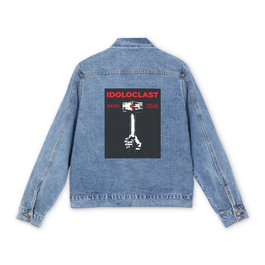 The Idoloclast Idol-Smasher Jean Jacket in medium denim wash features a Jesus fist with sledgehammer graphic and "ICXC NIKA," inspired by Christian asceticism and Orthodox tradition.
