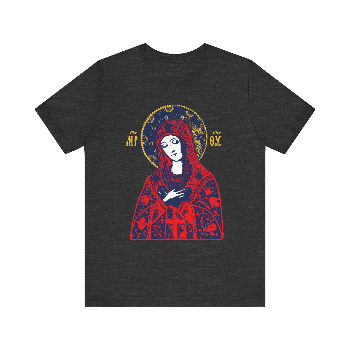 Dark Grey Heather unisex t-shirt featuring a woman in a red cloak with gold halo and Greek letters, inspired by the Tenderness Theotokos icon. Based on traditional Orthodox iconography. Lightweight cotton.