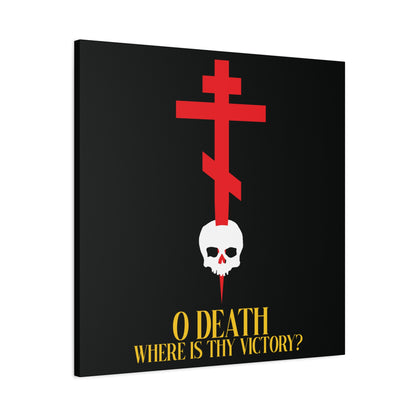 O Death Where is Thy Victory? (1 Corinthians 15:55) | Cross Stabbing Skull | Yellow Text | Orthodox Christian Canvas Art