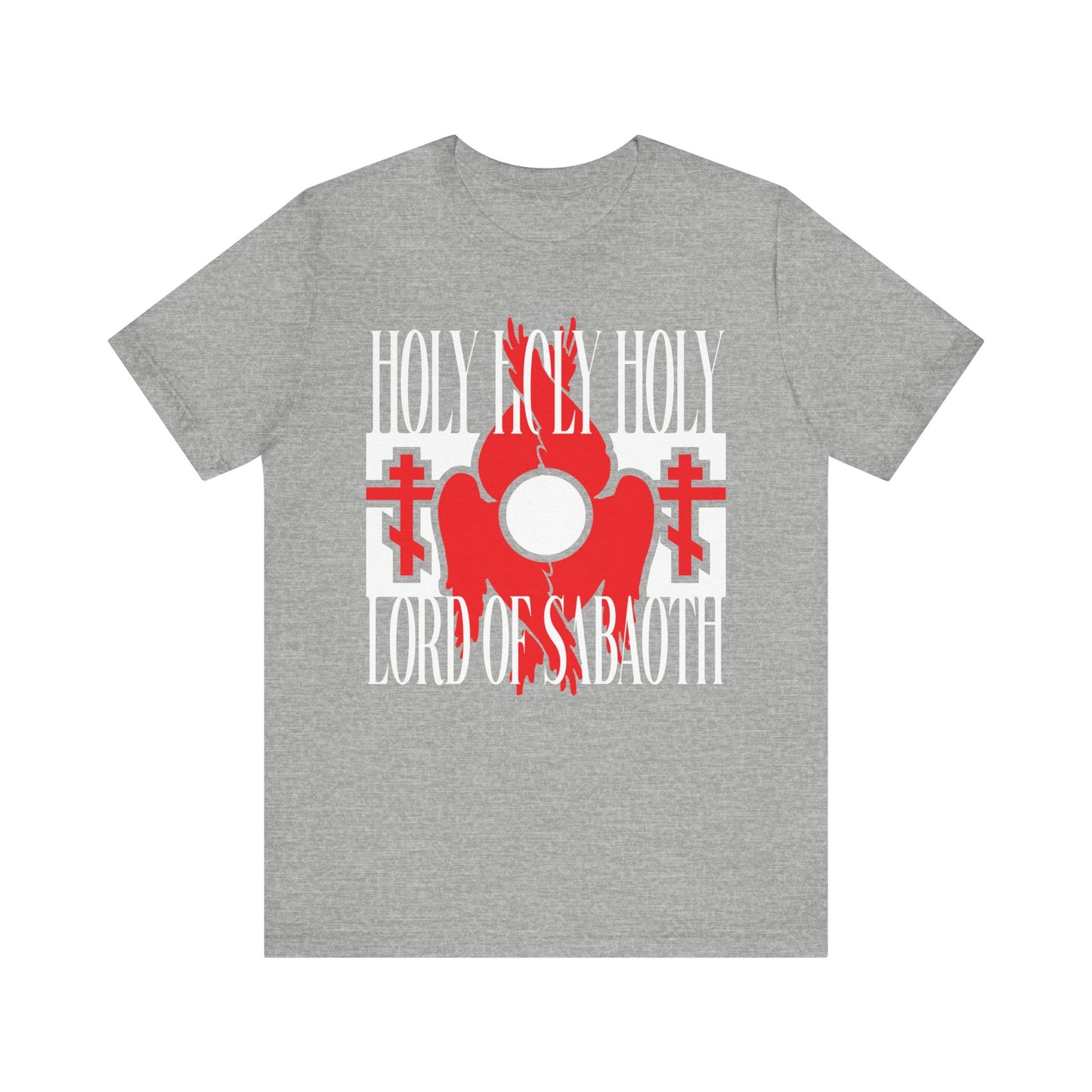 Show your faith in style with the "Holy Holy Holy Lord of Sabaoth" athletic heather tee, featuring bold red seraphim wings, Orthodox crosses, and Isaiah 6:3 text—crafted in lightweight cotton for all-day comfort.