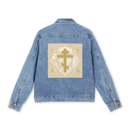 Gold Orthodox Cross ICXC NIKA  (Small Design) | White Medieval Ornate Floral Pattern | Jesus Christ Conquers | Christian Jean Jacket