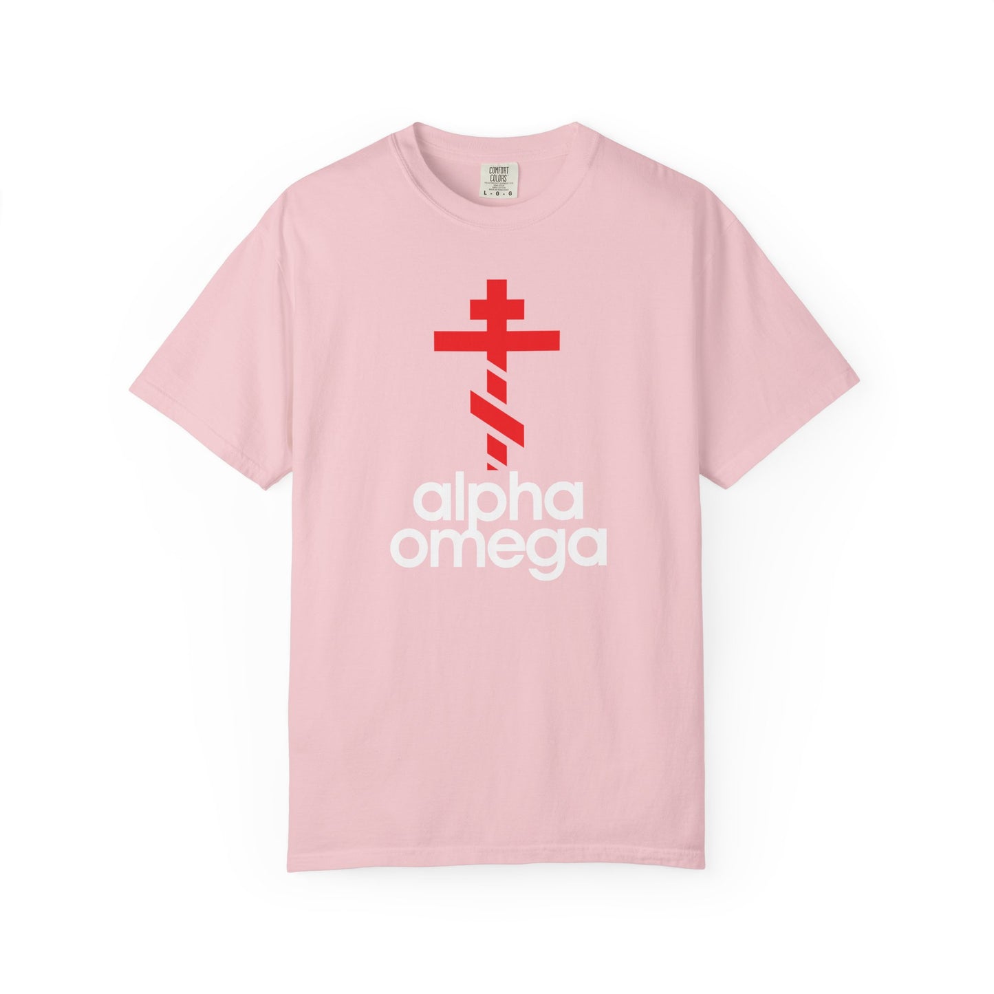 Blossom-colored heavyweight cotton unisex tee featuring a large red Orthodox cross with “Alpha & Omega” in white text beneath, inspired by an Adidas minimalist logo mashup and symbolizing the Christian journey through prayer and repentance.