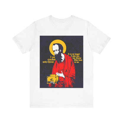 White "St Paul Holding Gospel Iconographic" T-shirt featuring "I am crucified with Christ" (Galatians 2:20), inspired by Orthodox Christian faith.