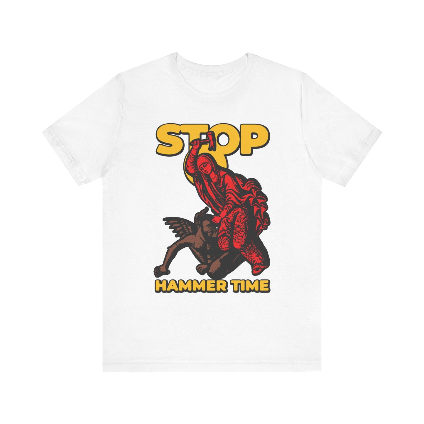A white cotton unisex t-shirt featuring a red, blue, and yellow design of St. Marina of Antioch beating the devil with a hammer, alongside the bold yellow text "STOP, HAMMER TIME"—a playful Orthodox meme inspired by legendary tales of Christian martyrdom.