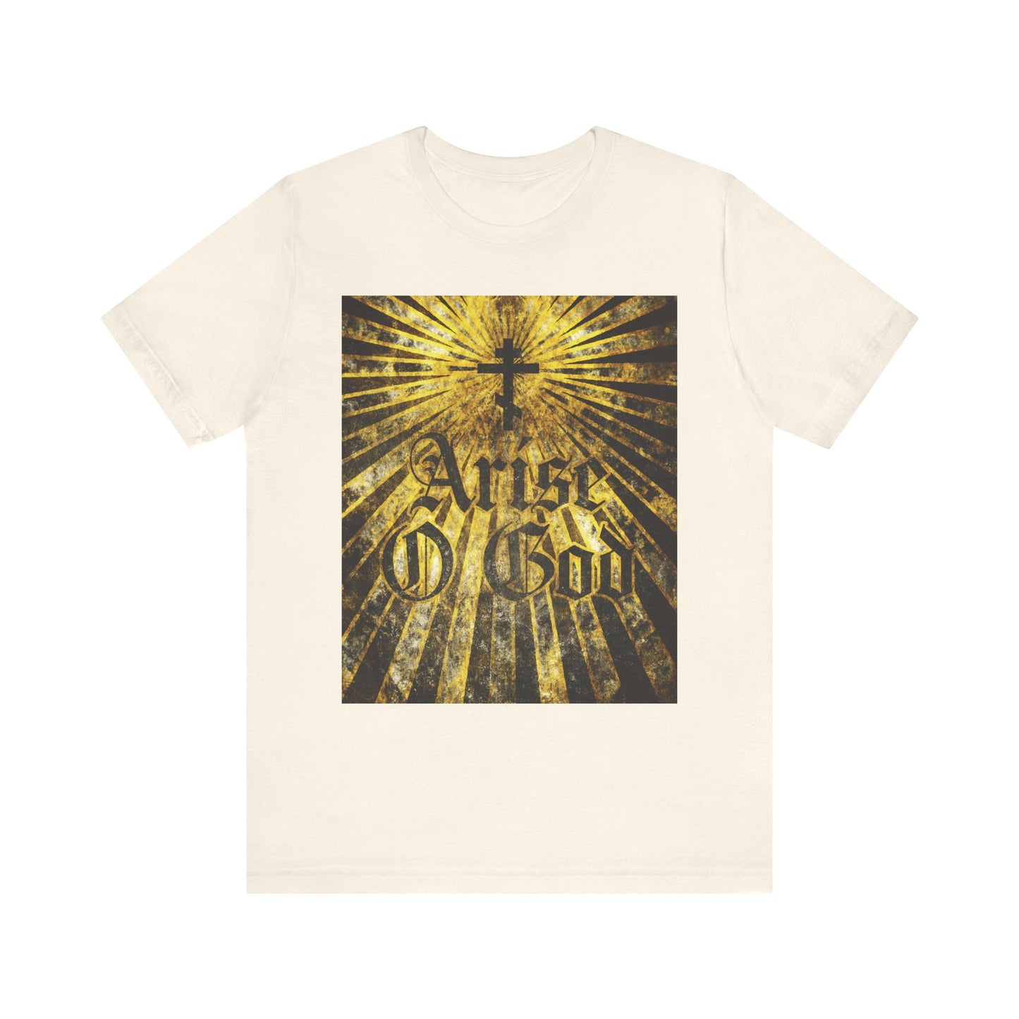 Natural cotton unisex t-shirt featuring an Orthodox cross, golden rays, and “Arise O God” in textured Gothic font—drawing on Psalm 81 (82 LXX) and Divine Council themes. Lightweight and inspired by Orthodox tradition.