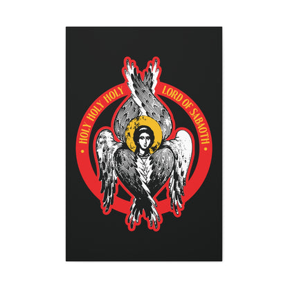 Illustration of a seraphim angel with six wings and halo, encircled by "HOLY HOLY HOLY LORD OF SABAOTH," inspired by Isaiah 6. Orthodox IconoGraphic Christian wall art.