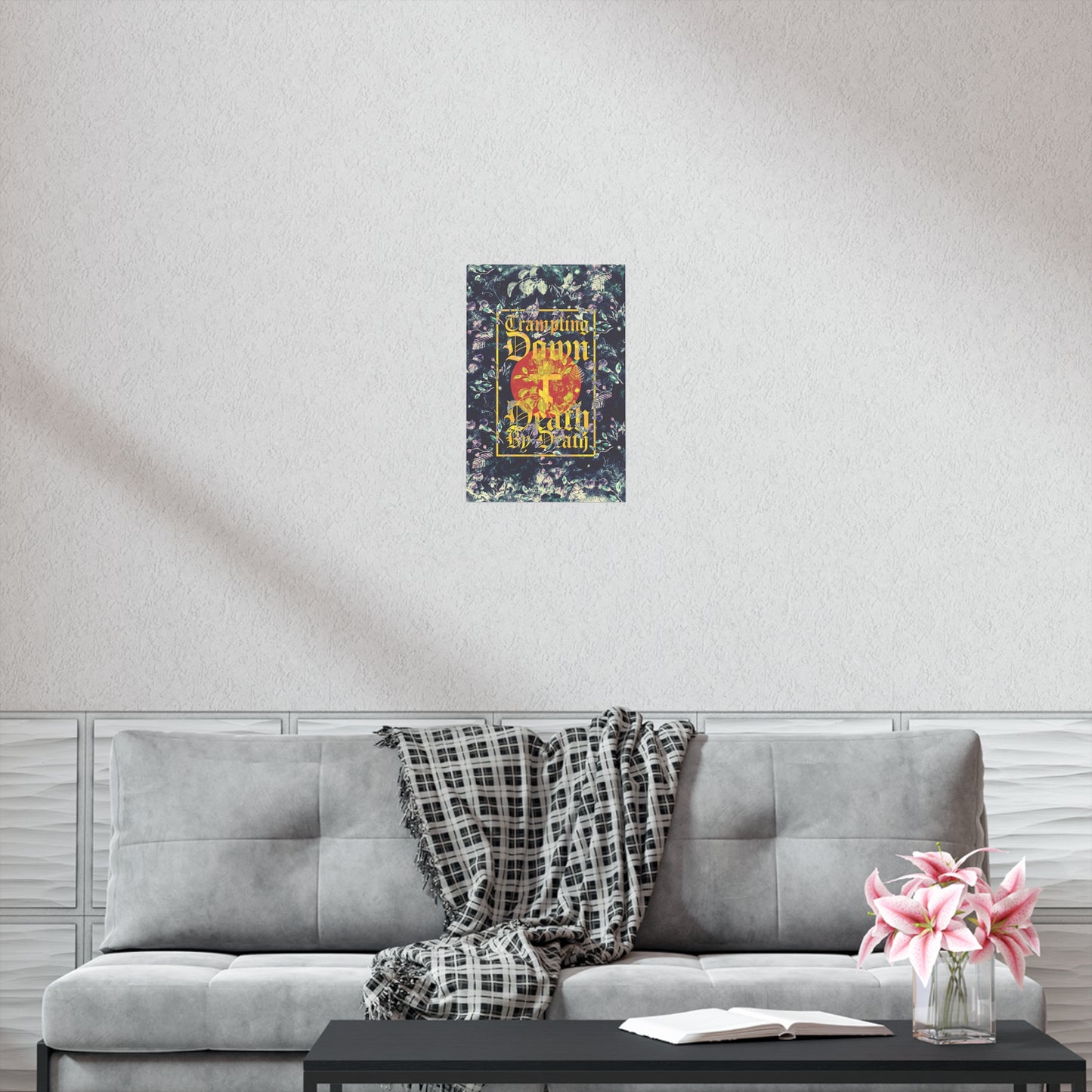 Trampling Down Death By Death | Paschal Floral Design with Gothic Script and Three-Bar Cross | Orthodox Christian Art Poster