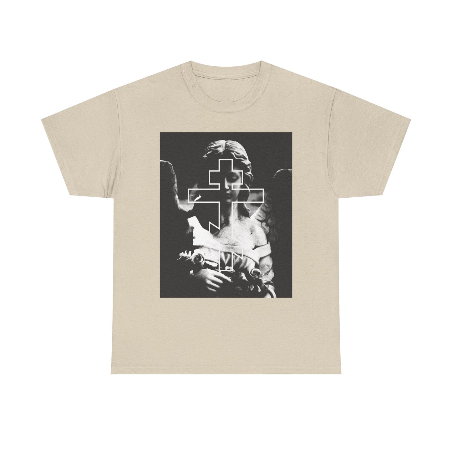 Sand-colored unisex tee featuring a grayscale Cemetery Angel and Orthodox Cross graphic. Midweight cotton, goth aesthetic with "Remember You Will Die" memento mori theme—perfect for the reflective soul.