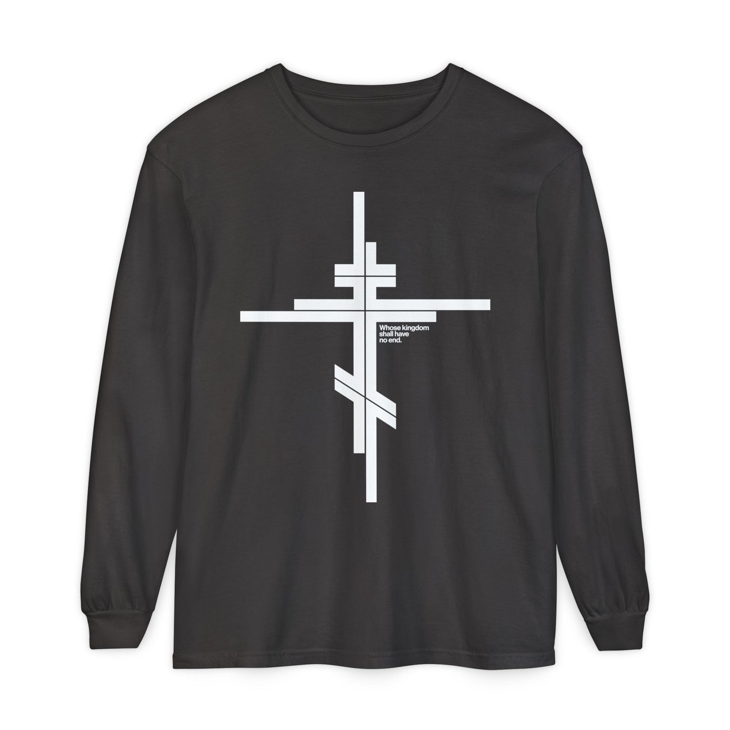 Whose Kingdom Shall Have No End | Luke 1:32-33 | Orthodox Cross | Modernist Minimalist Logo Style | Orthodox Long Sleeve Cotton Shirt