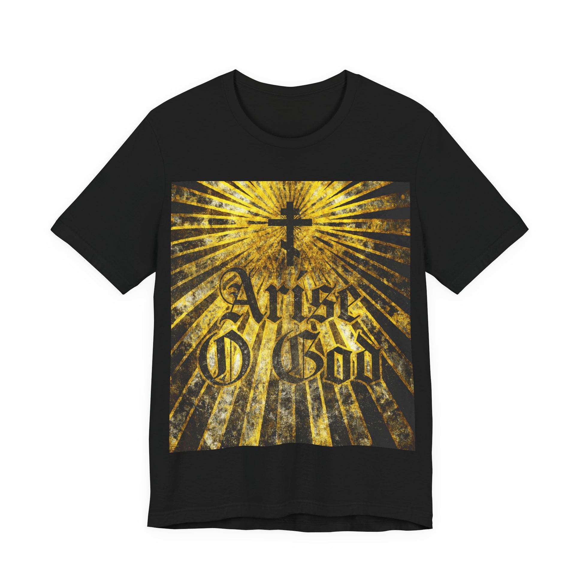 Black "Arise O God" t-shirt featuring Psalm 81 (82 LXX), textured Gothic font, Orthodox cross, and golden rays—highlighting the Divine Council worldview. Orthodox Christian design in black.