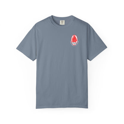 Blue Jean Death is Swallowed Up In Victory T-Shirt with a small red eagle wing logo on the left chest.