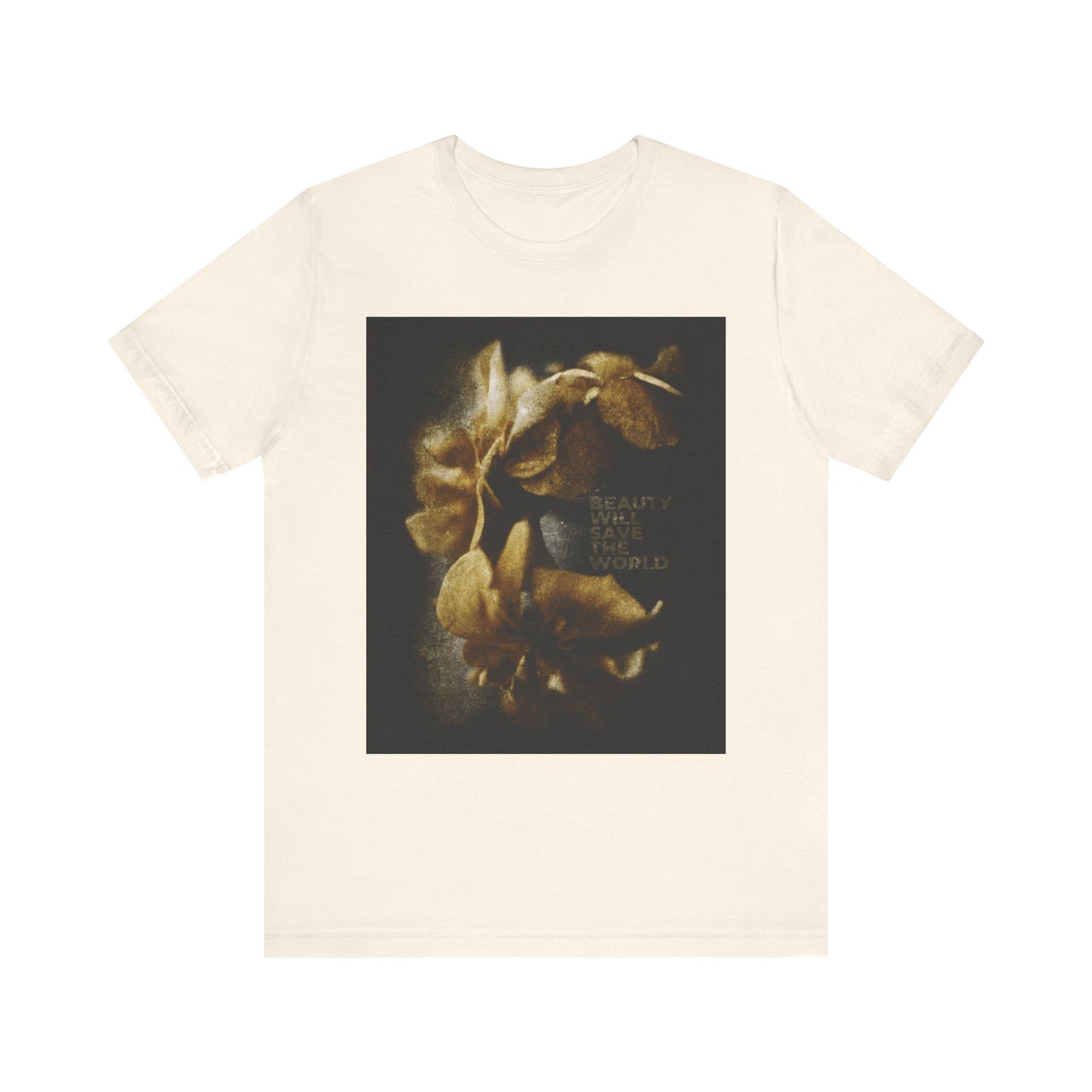 Natural lightweight cotton unisex tee featuring original photography and "BEAUTY WILL SAVE THE WORLD" text, inspired by Dostoevsky and glorifying Jesus Christ, Universal Creator & King.