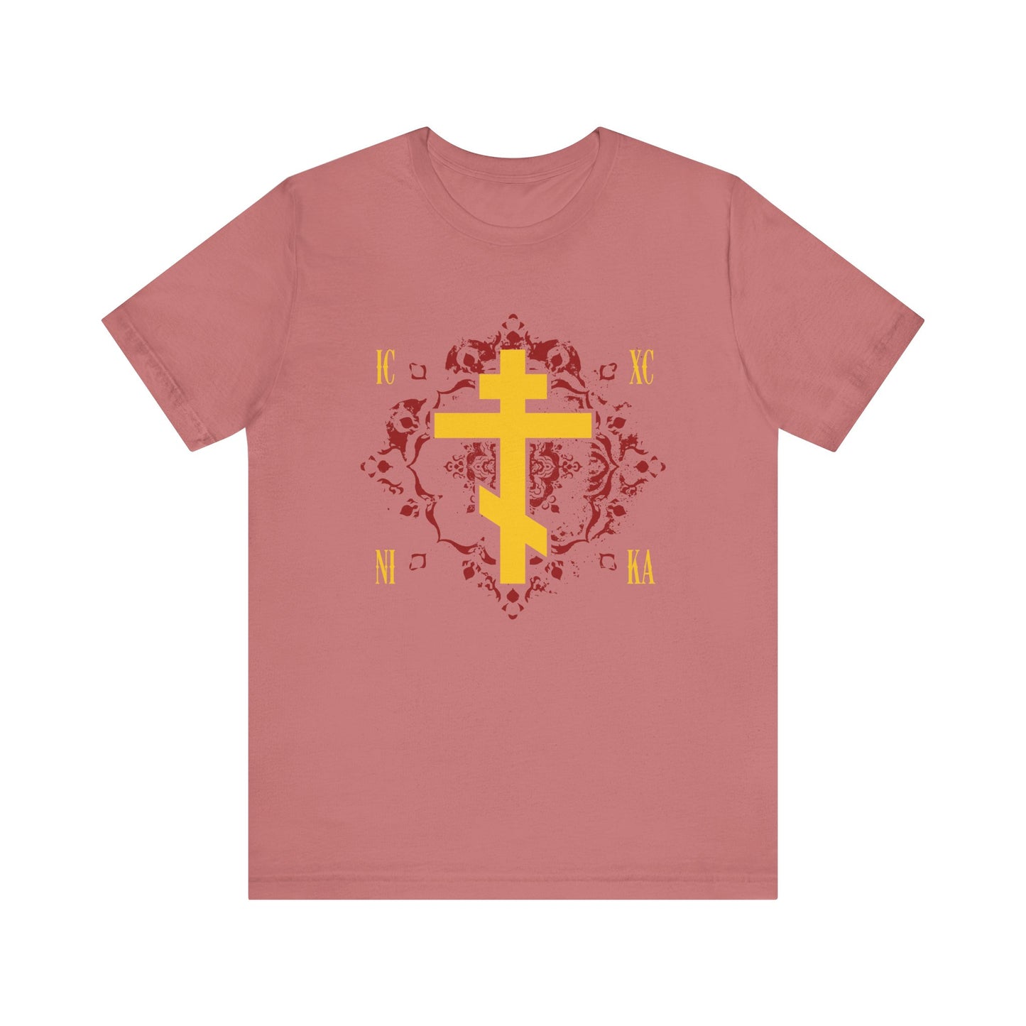 Mauve t-shirt featuring the "ICXC NIKA Yellow Orthodox Cross on Ornate Red Background" design, inspired by the grace of sonship and teachings of St Kosmas Aitolos, with the letters IC XC and NI KA around a striking yellow Orthodox cross—symbolizing "Jesus Christ Conquers.