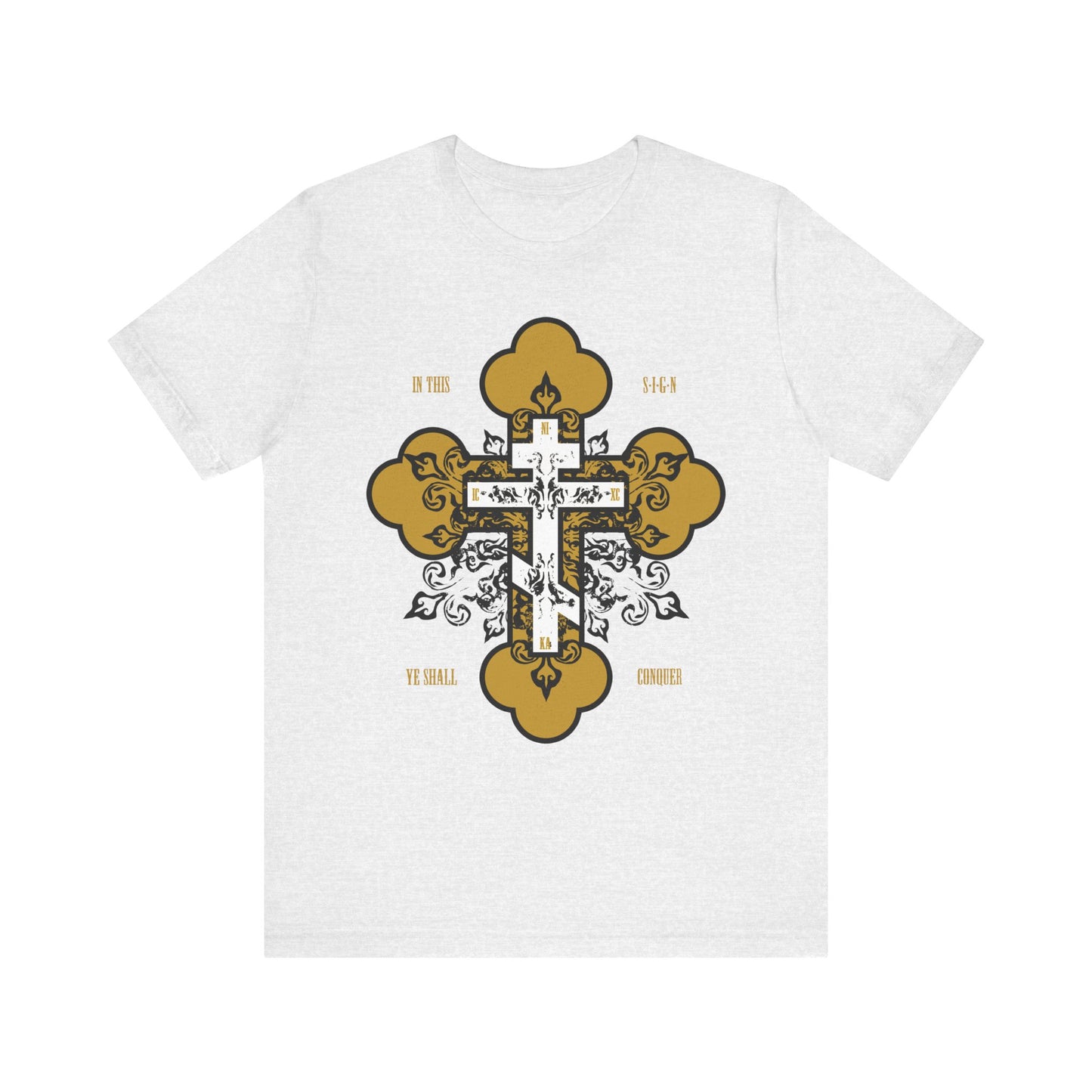 Ash lightweight cotton unisex tee featuring a gold and white ornate Orthodox cross with "In This Sign Ye Shall Conquer"—inspired by "In Hoc Signo Vinces" and spiritual themes.