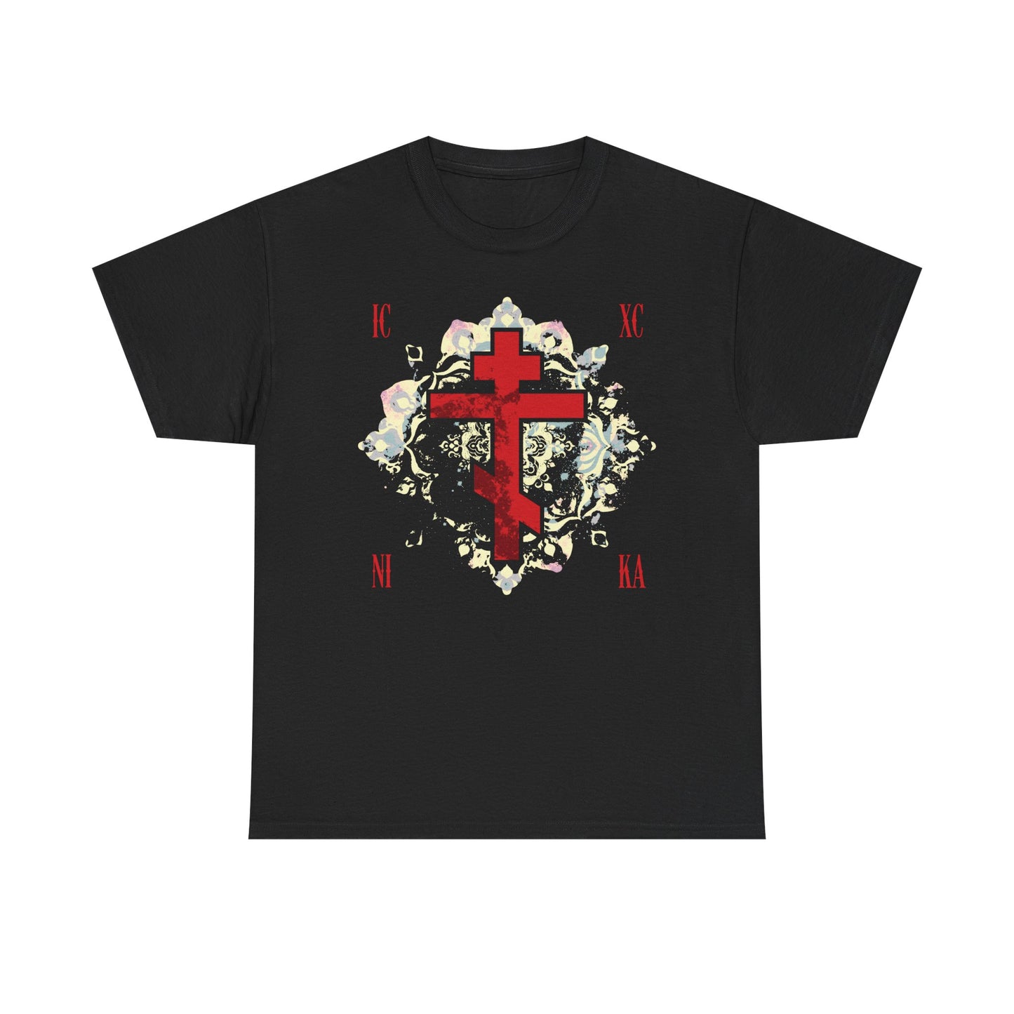 ICXC NIKA | Jesus Christ Conquers | Textured Red Orthodox Cross w/ Medieval Floral Background | Orthodox Midweight Cotton Unisex Tee