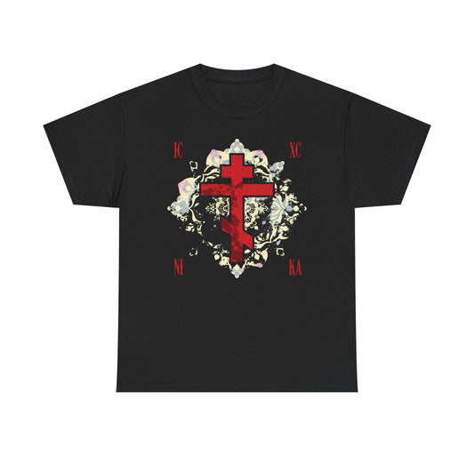 ICXC NIKA | Jesus Christ Conquers | Textured Red Orthodox Cross w/ Medieval Floral Background | Orthodox Midweight Cotton Unisex Tee