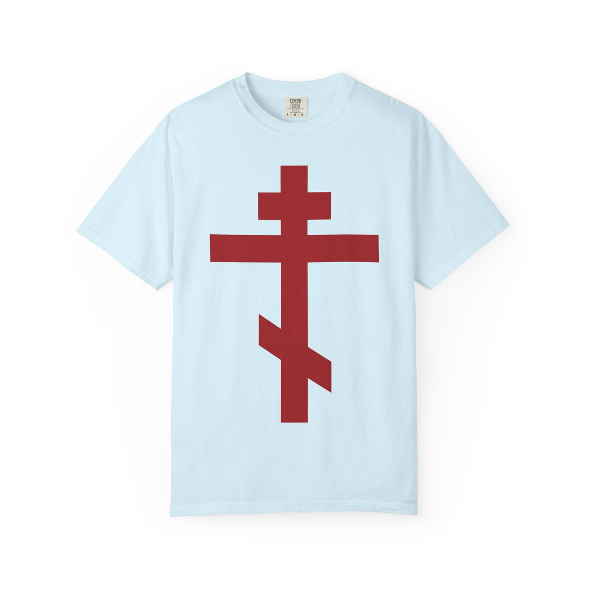Chambray Red Orthodox Cross t-shirt with a large red Orthodox cross centered on the chest.