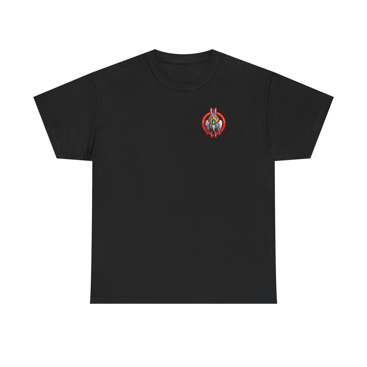 Black "Holy Holy Holy Seraphim Angel Icono-Graphic" t-shirt featuring a small, colorful graphic of St John of Kronstadt and angels on the left chest. Unisex midweight cotton—Heavenly Hosts of God design for a divine touch.