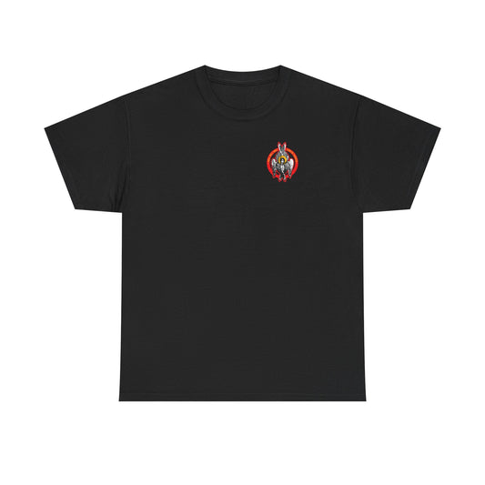 Black "Holy Holy Holy Seraphim Angel Icono-Graphic" t-shirt featuring a small, colorful graphic of St John of Kronstadt and angels on the left chest. Unisex midweight cotton—Heavenly Hosts of God design for a divine touch.