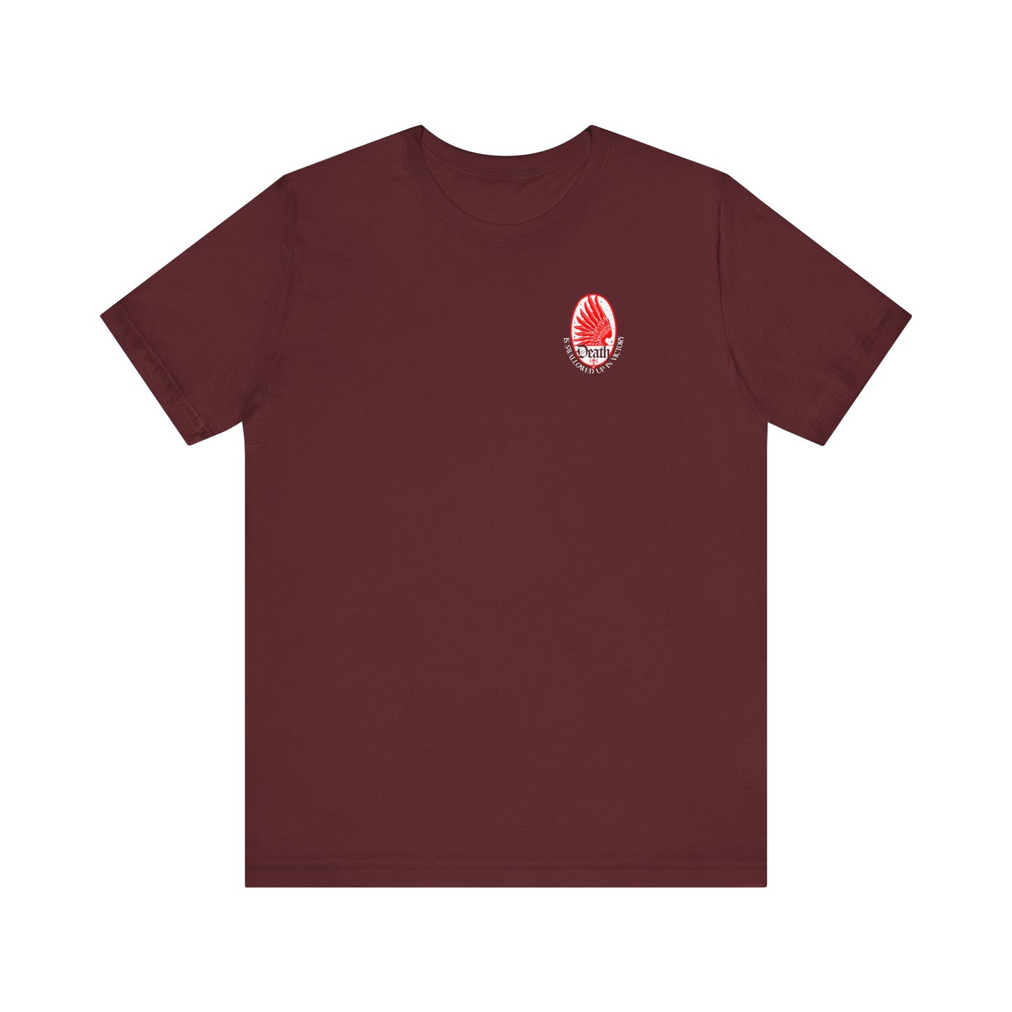 Maroon "Death is Swallowed Up In Victory (1 Cor 15:54)" Orthodox unisex t-shirt featuring a small red and white Art Nouveau eagle wing & stars logo on the left chest, symbolizing triumph over death.