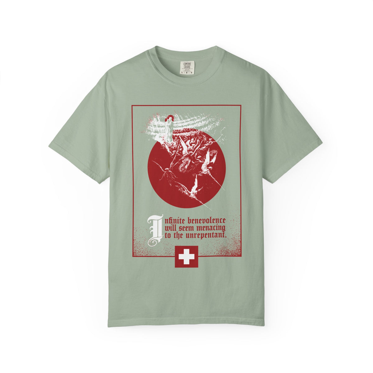 Bay-colored Infinite Benevolence Will Seem Menacing to the Unrepentant t-shirt featuring Last Judgment art and a cross.