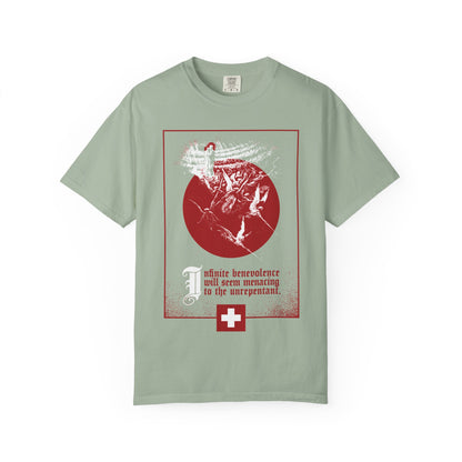 Bay-colored Infinite Benevolence Will Seem Menacing to the Unrepentant t-shirt featuring Last Judgment art and a cross.