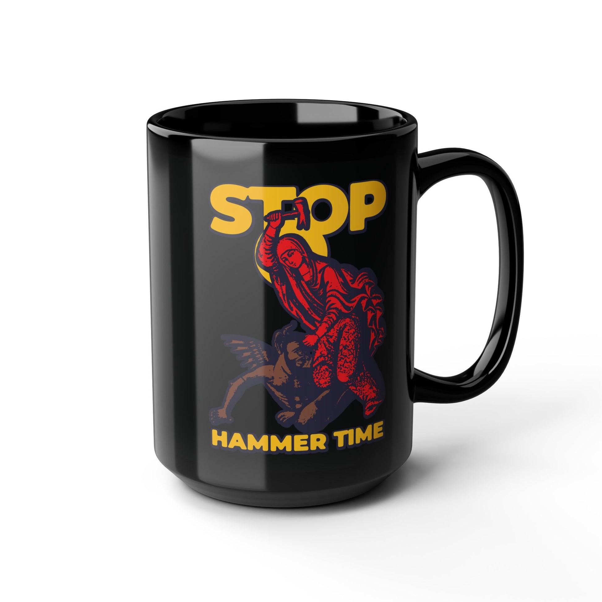 Black mug featuring St Marina of Antioch beating the devil with a hammer, red, blue & yellow design. "Stop, Hammer Time" – a modern Orthodox meme inspired by the renowned Christian saint.