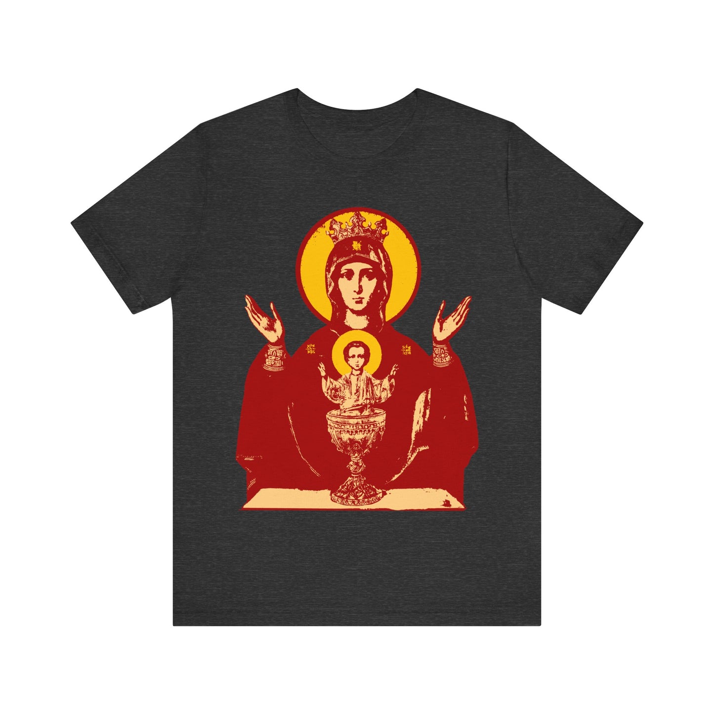 Dark Grey Heather t-shirt featuring the Holy Theotokos IconoGraphic of the Inexhaustible Chalice—a red and yellow Orthodox Christian design called "Deliverer from Addictions, Conquer Passions," showing a saint with child.
