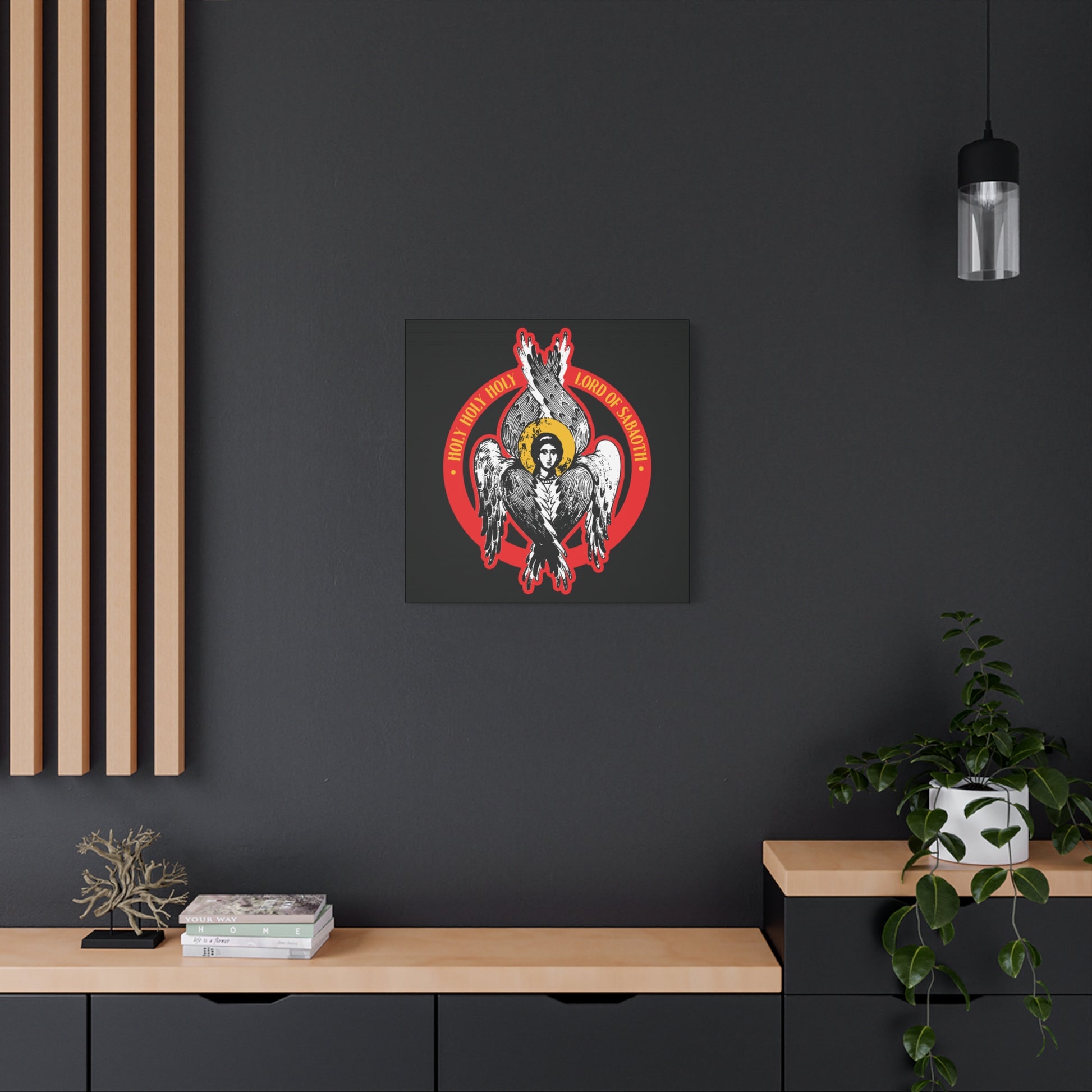 Modern room with dark walls, wooden shelves, plants, and "Holy Holy Holy, Lord of Sabaoth | Isaiah 6 Orthodox Seraphim Angel IconoGraphic" wall art featuring red and gold seraphim accents.