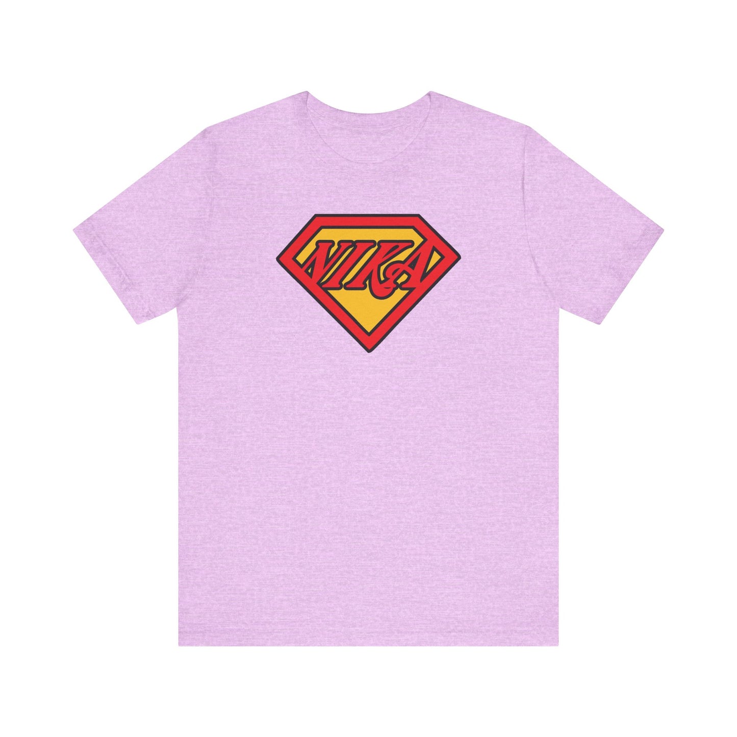 Heather Prism Lilac unisex cotton tee featuring the NIKA Superm@n comic book-inspired logo—an Orthodox Christian pop culture mashup inspired by the faith and determination of St John of Kronstadt to help you conquer your passions each day.