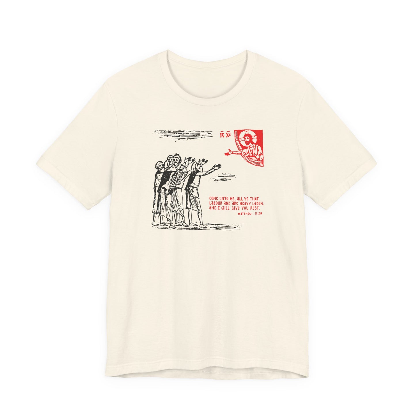 Natural cotton t-shirt featuring a red icono-graphic design and text inspired by Matthew 11:28, "Come Unto Me All Ye That Labour & Are Heavy Laden," in an Orthodox Christian style.