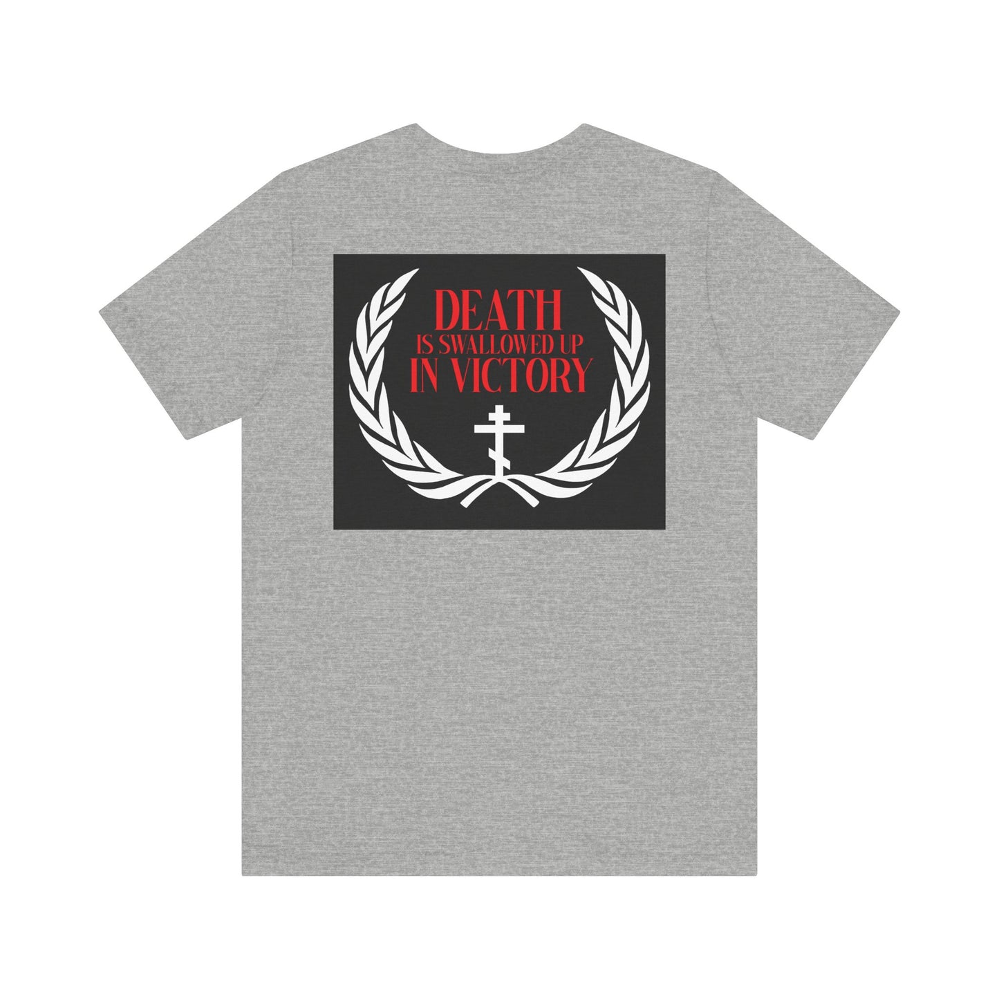 The Archangel Michael of the Apocalypse Iconographic DOUBLE-SIDED T-shirt features "DEATH IS SWALLOWED UP IN VICTORY" on lightweight cotton, honoring the Miracle at Colossae. Unisex fit.