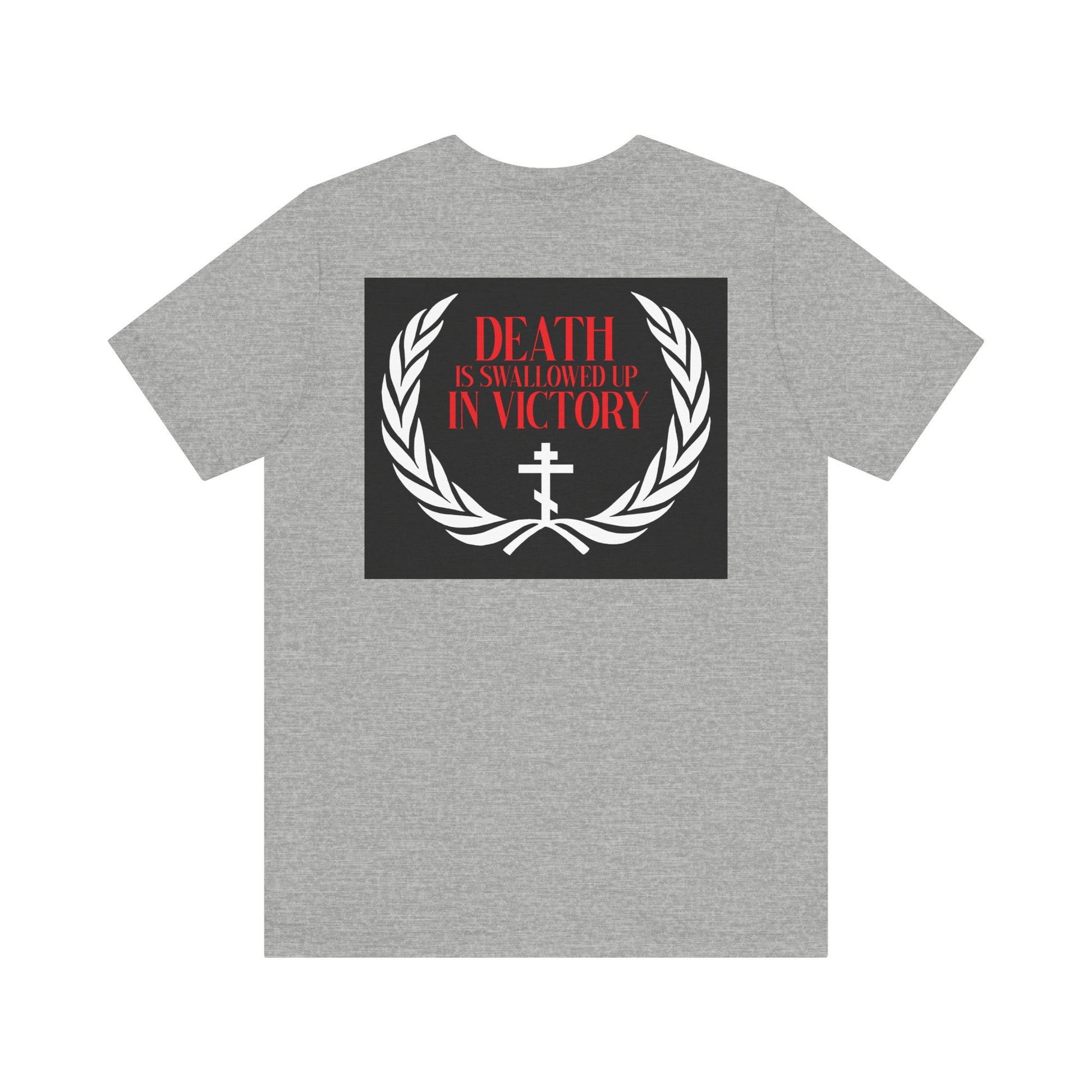The Archangel Michael of the Apocalypse Iconographic DOUBLE-SIDED T-shirt features "DEATH IS SWALLOWED UP IN VICTORY" on lightweight cotton, honoring the Miracle at Colossae. Unisex fit.