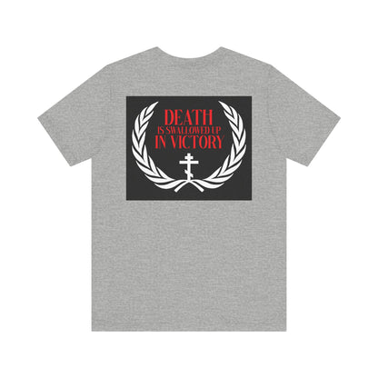 The Archangel Michael of the Apocalypse Iconographic DOUBLE-SIDED T-shirt features "DEATH IS SWALLOWED UP IN VICTORY" on lightweight cotton, honoring the Miracle at Colossae. Unisex fit.