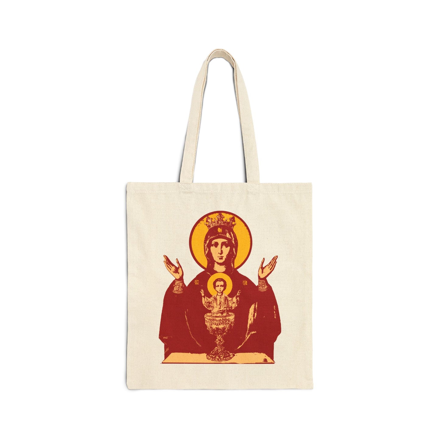 Natural tote bag featuring a red and yellow Holy Theotokos IconoGraphic of the Inexhaustible Chalice, Orthodox Christian design symbolizing deliverance from addictions and conquering passions.