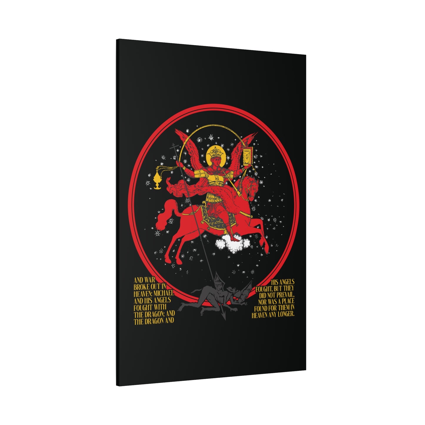 Archangel Michael of the Apocalypse Icono-Graphic canvas art depicting the War in Heaven (Rev 12:7-9), inspired by Archangel Michael casting out Satan, with vibrant imagery and text below.
