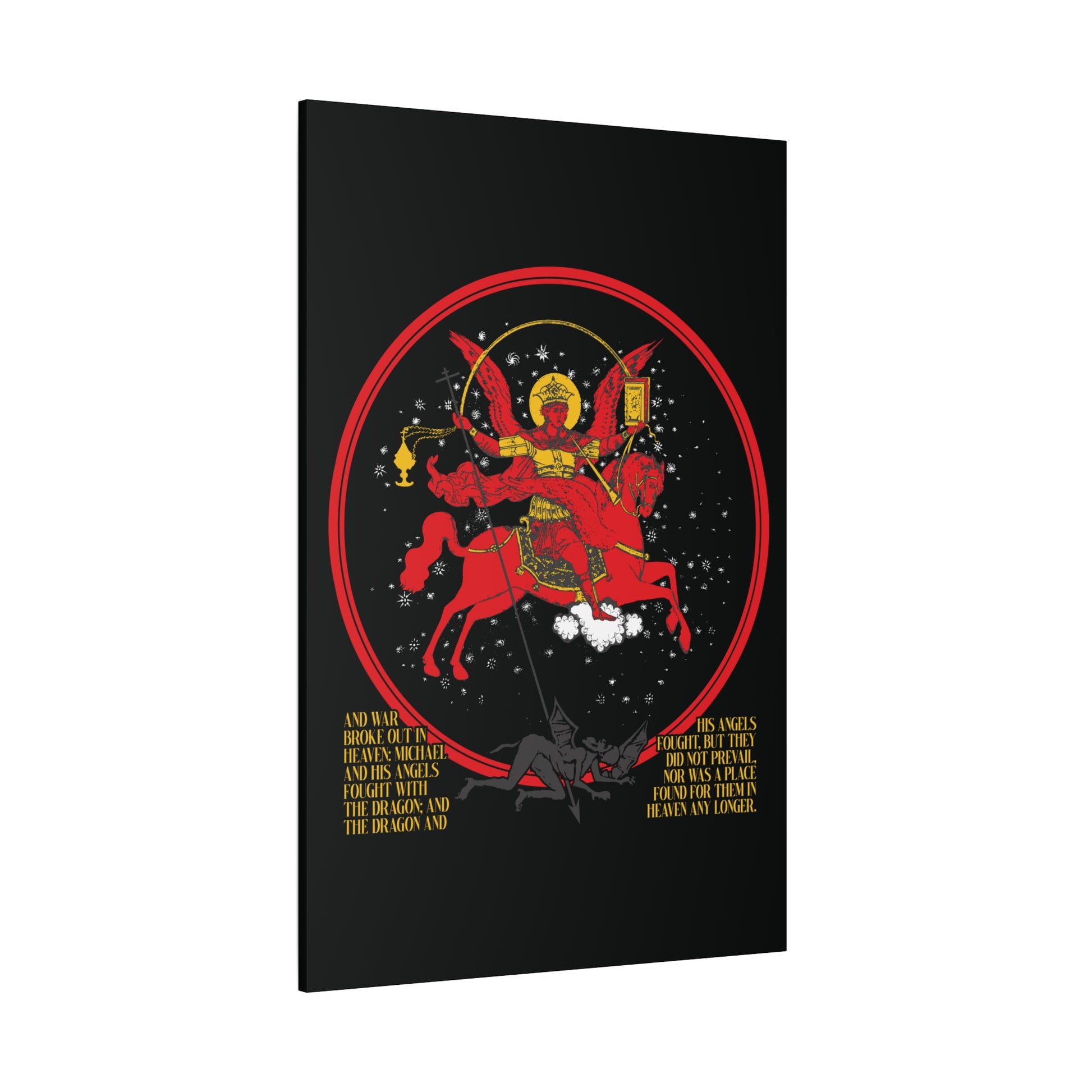 Archangel Michael of the Apocalypse Icono-Graphic canvas art depicting the War in Heaven (Rev 12:7-9), inspired by Archangel Michael casting out Satan, with vibrant imagery and text below.