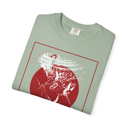 Sage green t-shirt featuring a red circle and the Infinite Benevolence Will Seem Menacing to the Unrepentant artwork.