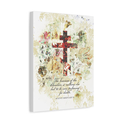Preparing For Death | White & Beige Floral Scrapbook Texture Cross | Arts & Crafts Style | St Irenaeus | Orthodox Christian Canvas Art