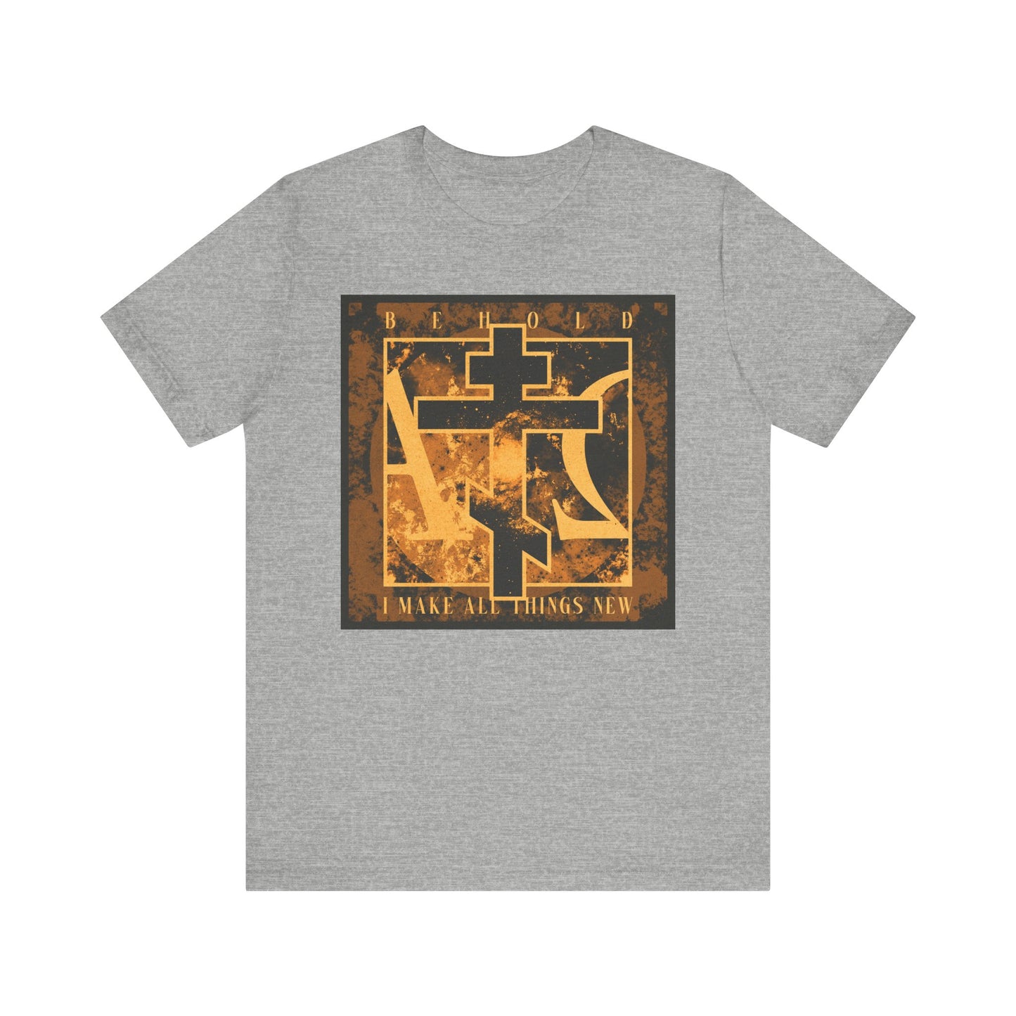 Athletic Heather t-shirt featuring a brown and orange Orthodox cross with Alpha & Omega, "Behold, I Make All Things New" (Rev 21:5), on lightweight cotton. Unisex fit.