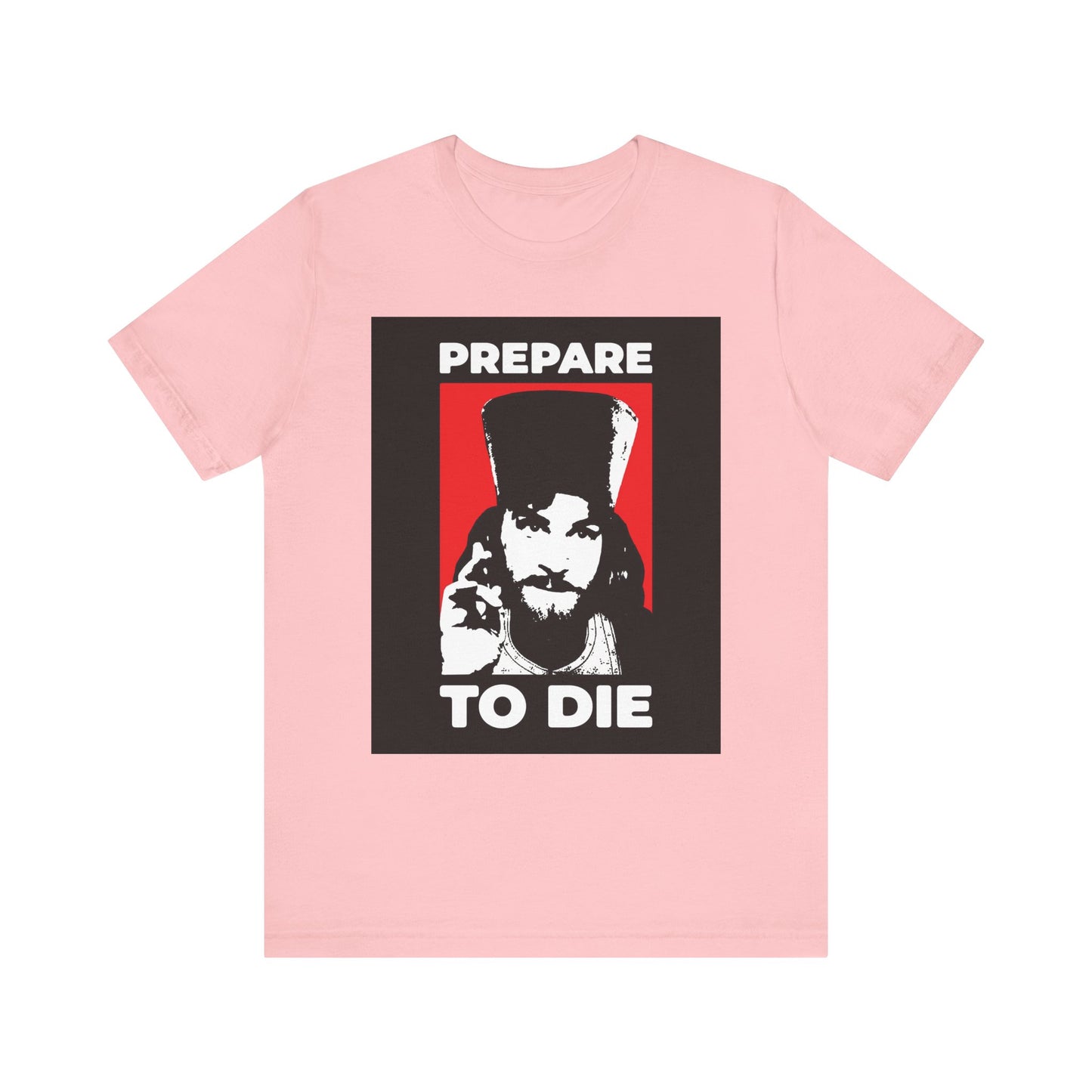 Pink "Prepare to Die | Remember You Will Die" lightweight cotton unisex t-shirt featuring Inigo Montoya as an Orthodox priest giving a blessing, with black, white, and red graphic and solemn text inspired by St. Hesychius on the hour of death.