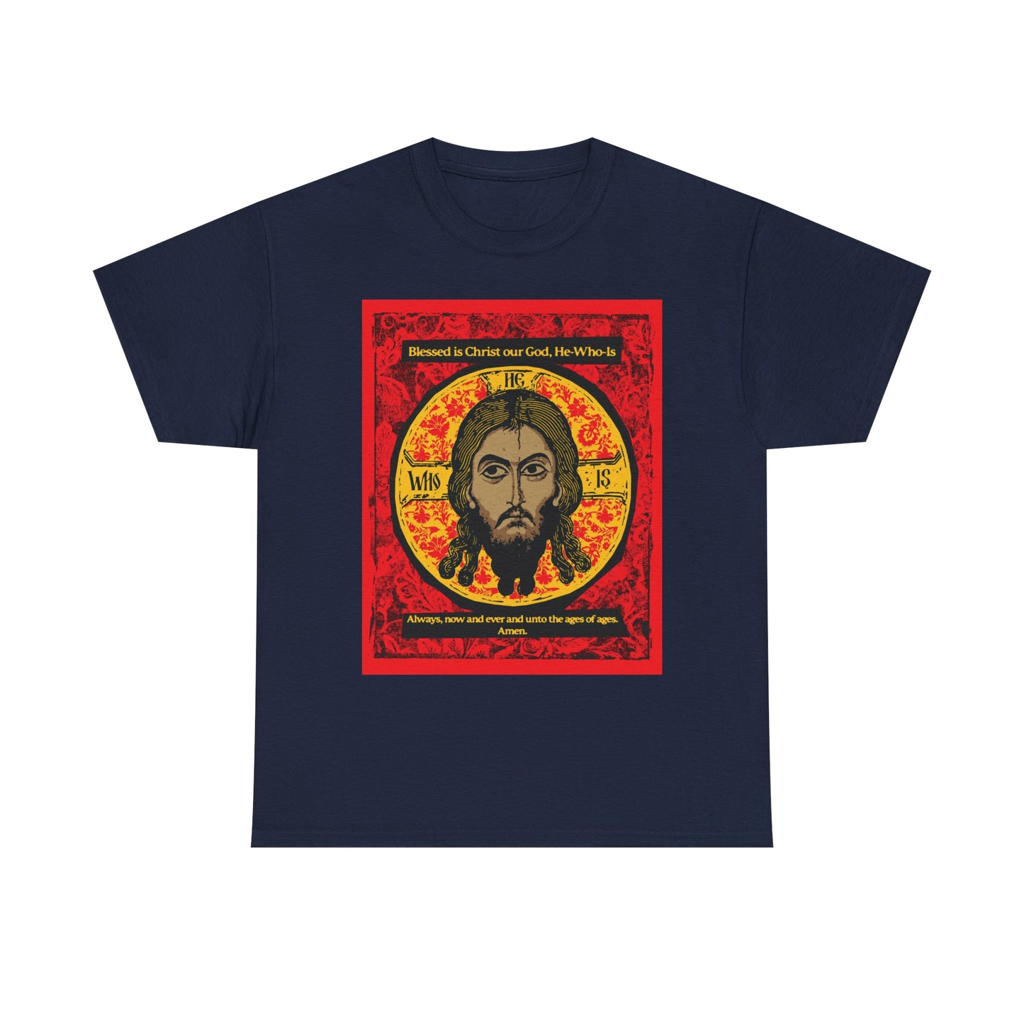 Navy "Made Without Hands (Mandylion/Image of Edessa)" heavy cotton t-shirt featuring a graphic design of Jesus Christ's face in Orthodox icon style, with text inspired by traditional Christian hymns.