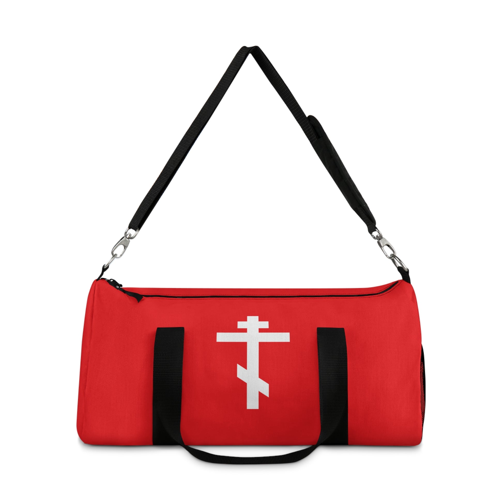 Red gym duffel bag featuring a white Orthodox cross on a red background and the quote “May I never boast, except in the cross of our Lord Jesus Christ” (Gal 6:14). Perfect for Orthodox Christians.